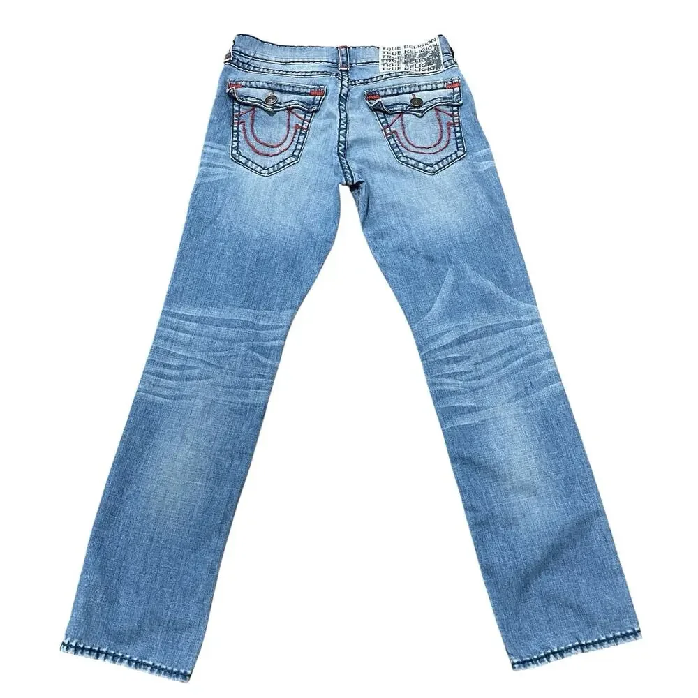 True Religion Ricky Blue Super T Relaxed Straight Flap Jeans Mens 33 Red Stitch